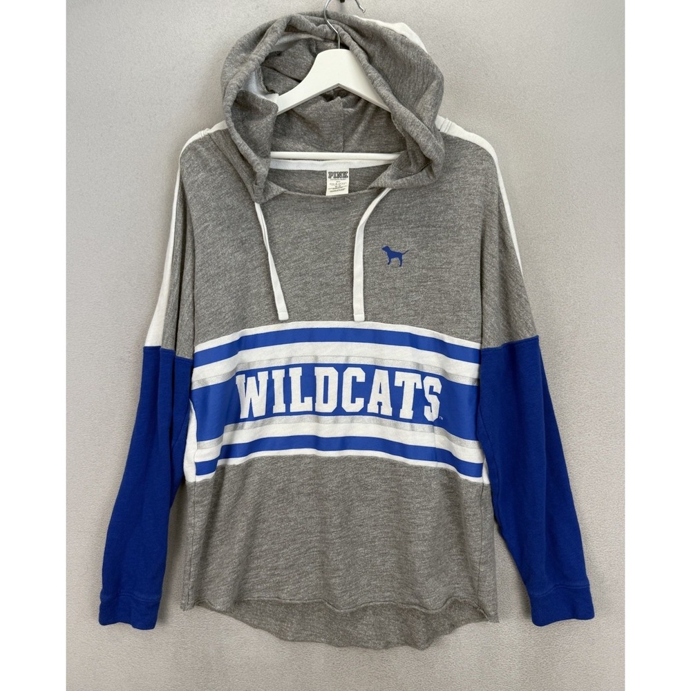 Victoria Secret PINK Women's Sz M Gray & Blue‎ Wild Cats Spell Out Logo Hoodie